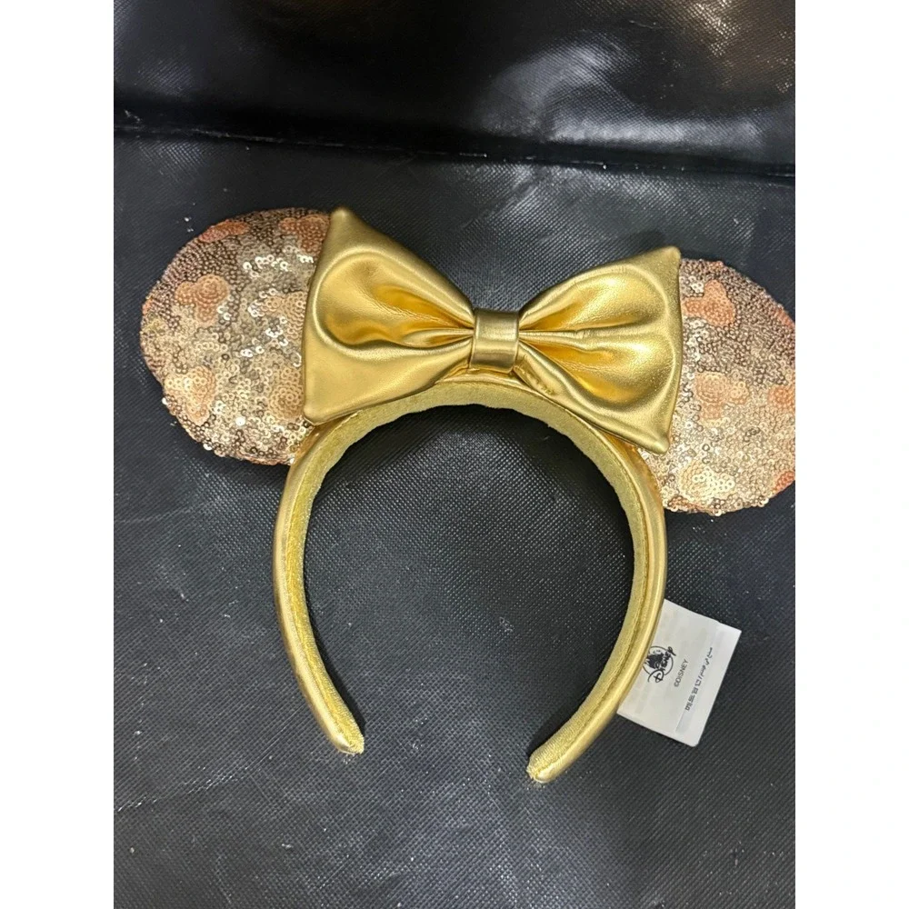 Disney Parks Minnie Mouse Ears Headband Rose Gold Sequin Gold Bow Hidden Mickey